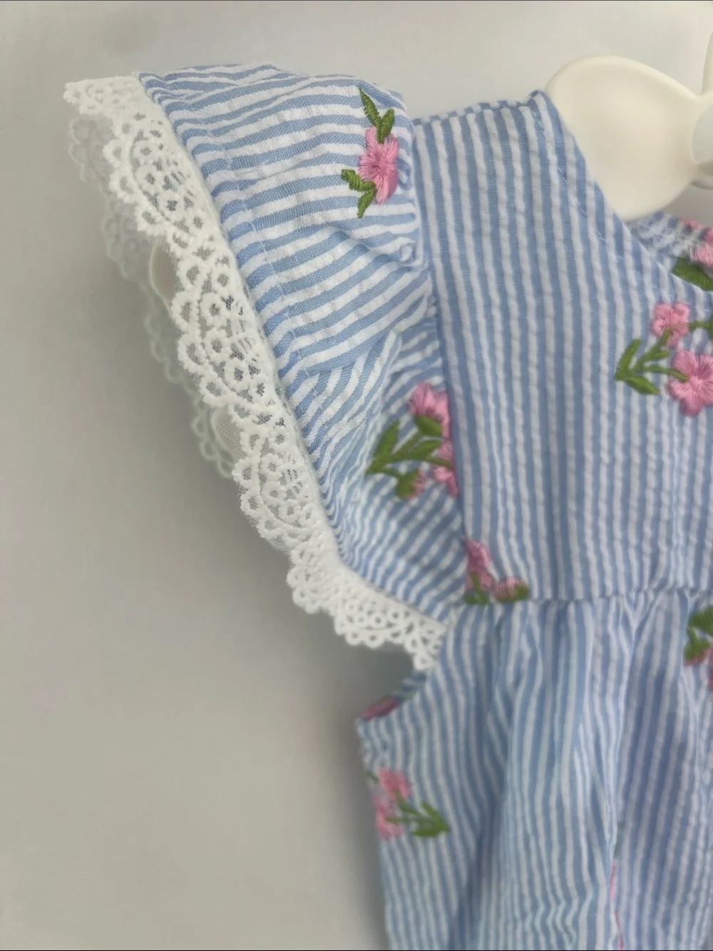 Toddler Blue White Seersucker Embroidered Pink Flowers Lace Ruffle Sleeve Dress